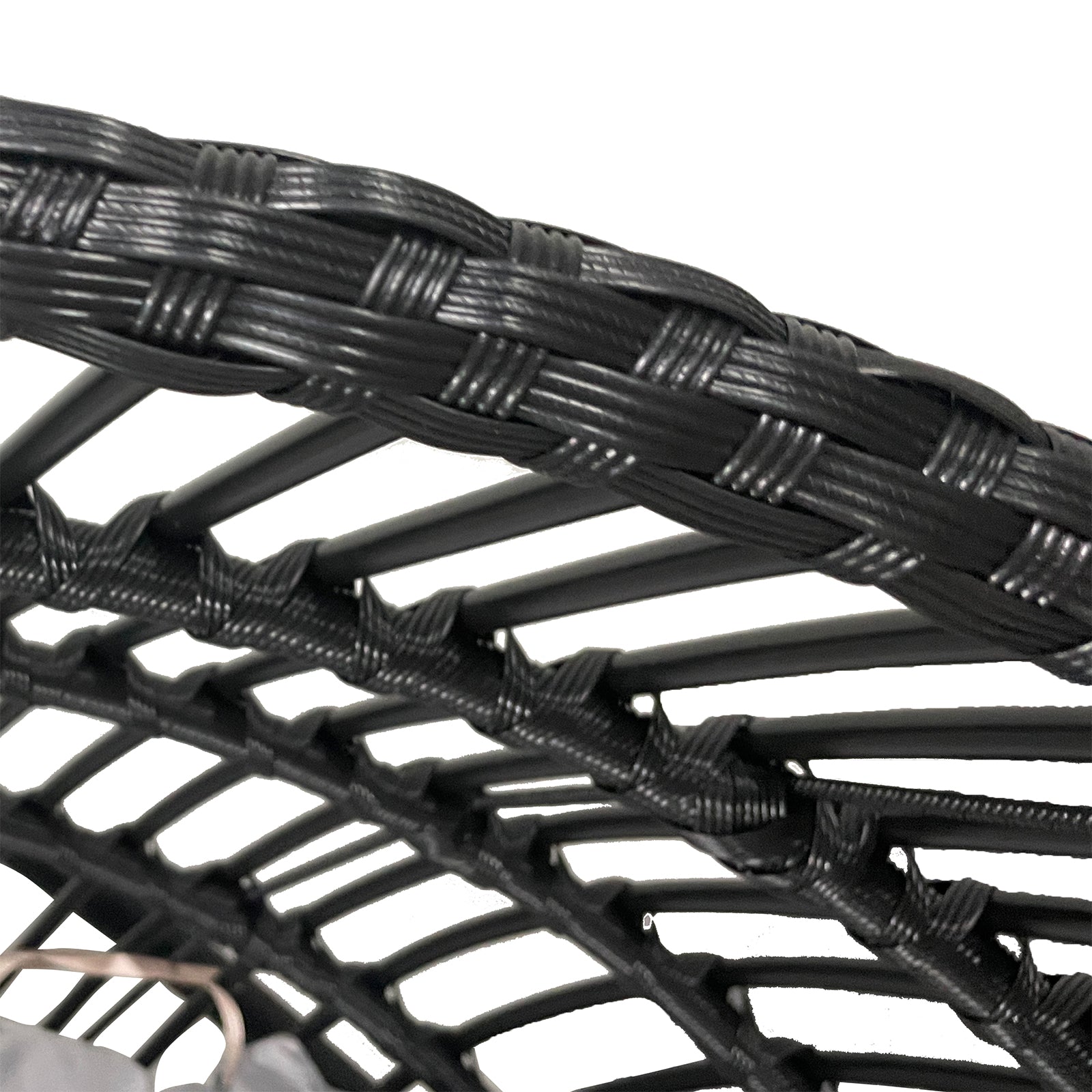 Close-up of Napili Outdoor Rattan Egg Chair with Cushion in Light Grey, showcasing black synthetic wicker strands intricately woven around a tubular metal frame, highlighting its durable and stylish construction.