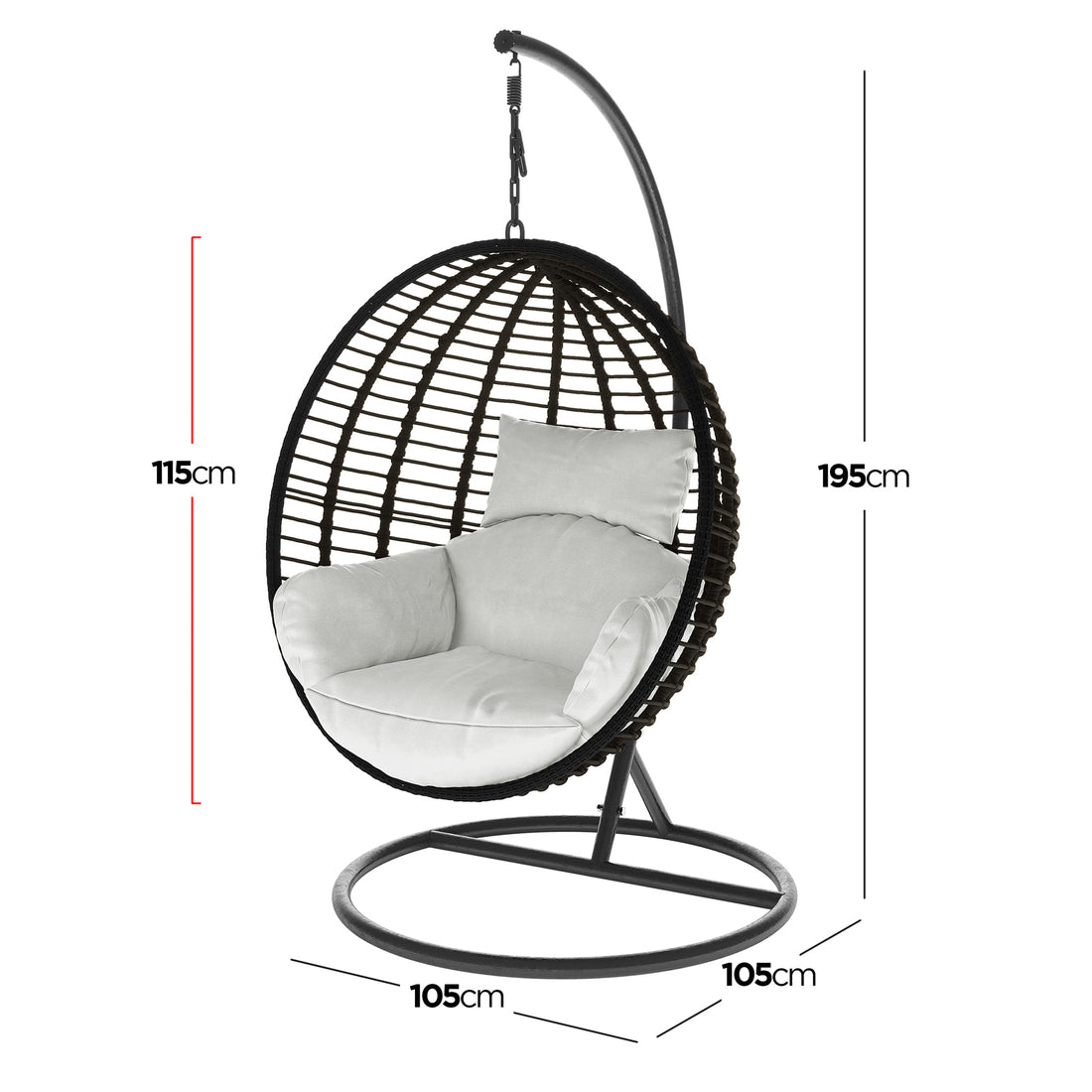 Napili Outdoor Rattan Egg Chair with Cushion in Light Grey, featuring a woven egg-shaped seat, black metal stand, light-colored cushion, and back pillow, hanging from a curved metal frame.
