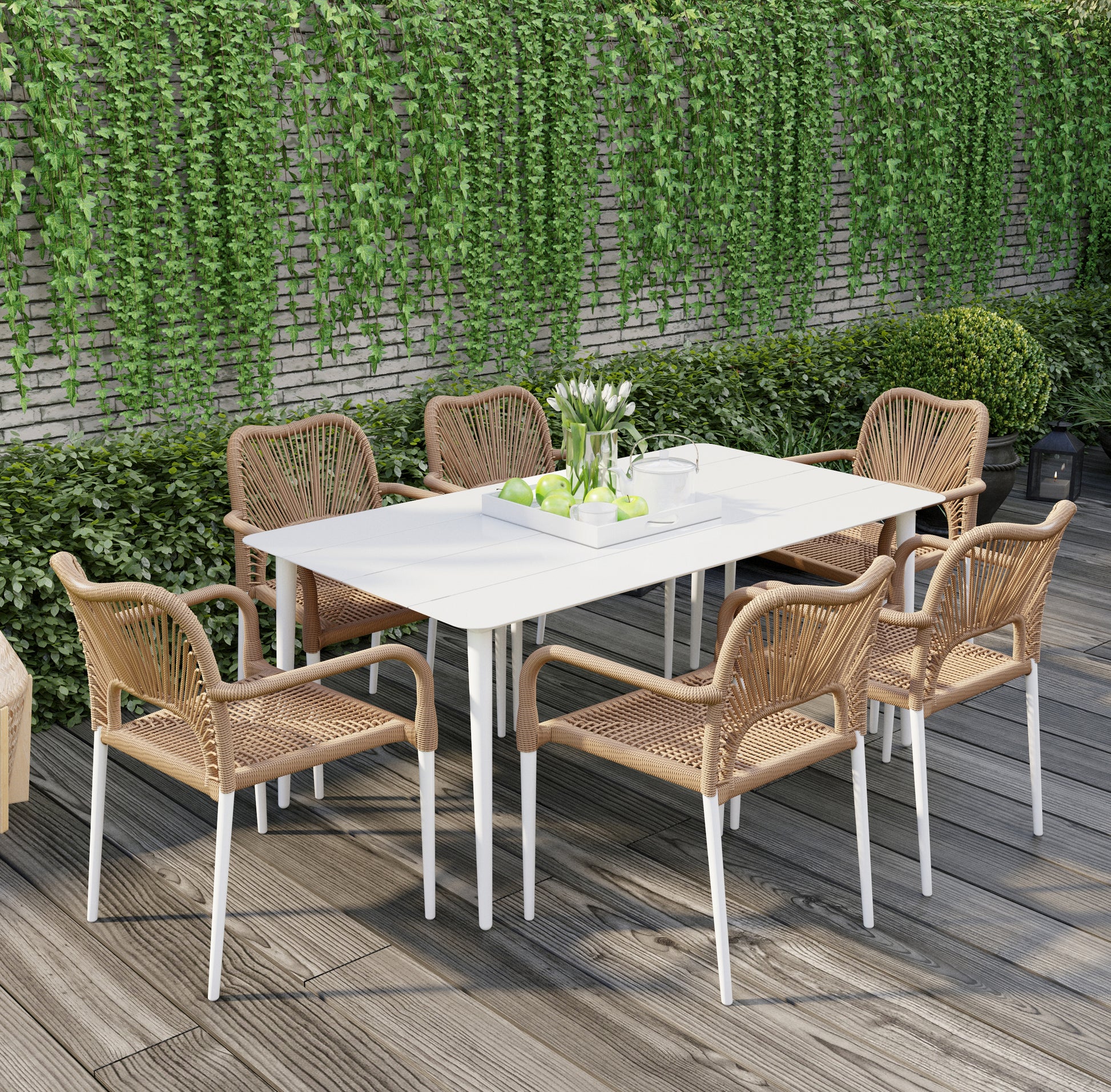 Navarre 6 Seater Aluminium Outdoor Dining Set in Natural features a modern white table with six woven rattan-style chairs, creating a stylish garden ambiance with a serving tray of green apples and white tulips.