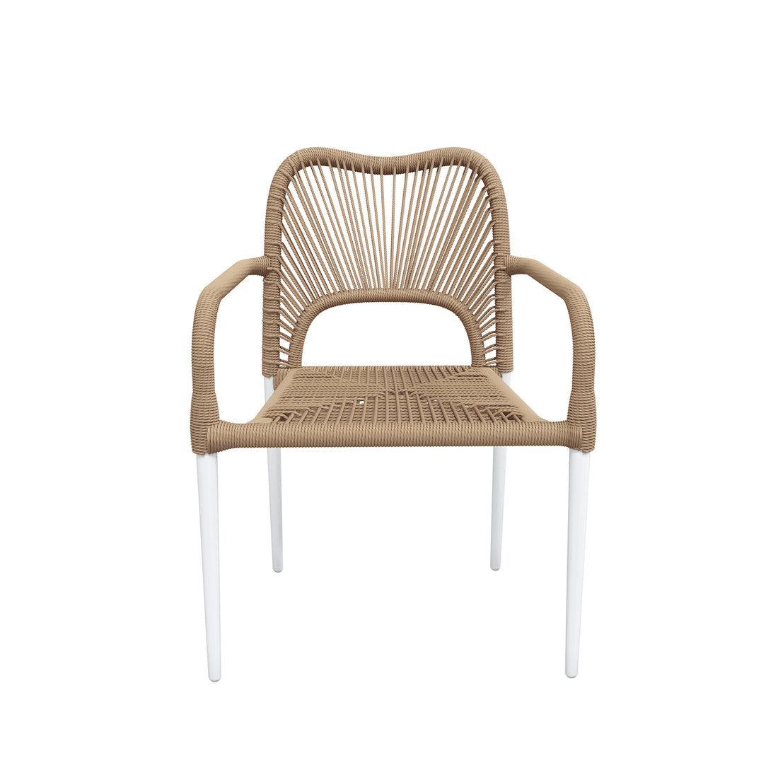 Navarre 6 Seater Aluminium Outdoor Dining Set features a modern armchair with tan rope-woven seat and backrest, slim white metal legs, embodying minimalist design for versatile indoor/outdoor use.