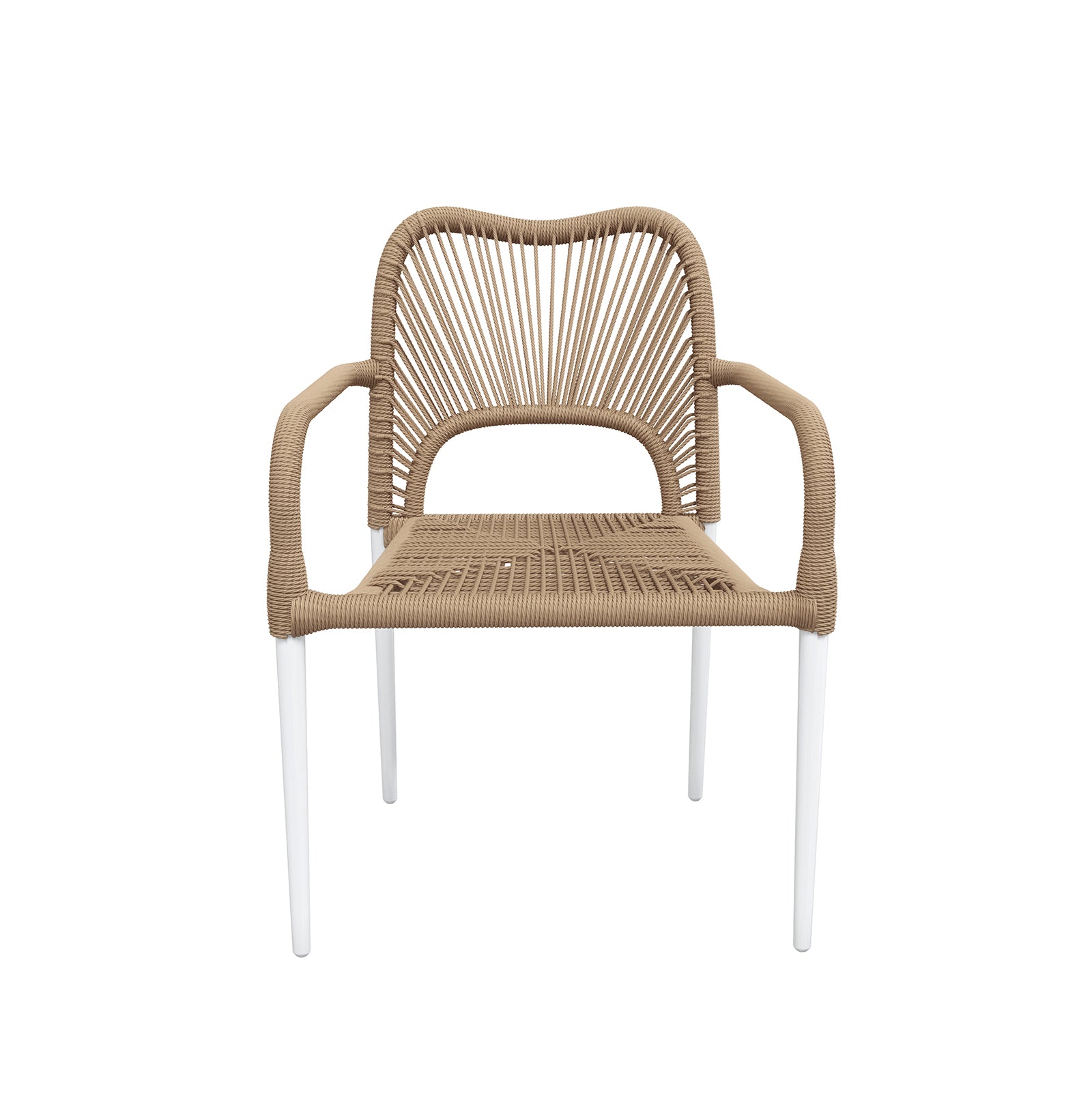 Navarre 6 Seater Aluminium Outdoor Dining Set features a modern armchair with tan rope-woven seat and backrest, slim white metal legs, embodying minimalist design for versatile indoor/outdoor use.