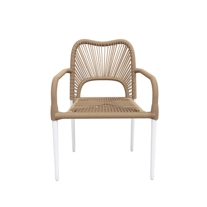 Navarre 6 Seater Aluminium Outdoor Dining Set features a modern armchair with tan rope-woven seat and backrest, slim white metal legs, embodying minimalist design for versatile indoor/outdoor use.