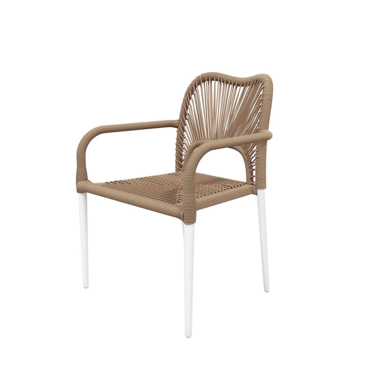 Navarre 6 Seater Aluminium Outdoor Dining Set features a woven-rope tan armchair with a fan-patterned backrest and white slim legs, ideal for enhancing outdoor spaces with style and functionality.