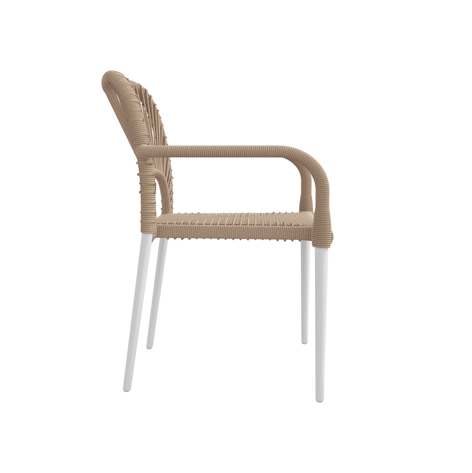 Navarre 6 Seater Aluminium Outdoor Dining Set features a woven rope armchair with light tan seat and back, mounted on slender white metal legs, ideal for outdoor patios or bistro settings.