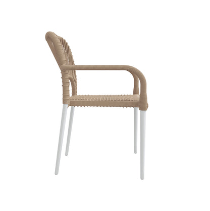 Navarre 6 Seater Aluminium Outdoor Dining Set features a woven rope armchair with light tan seat and back, mounted on slender white metal legs, ideal for outdoor patios or bistro settings.