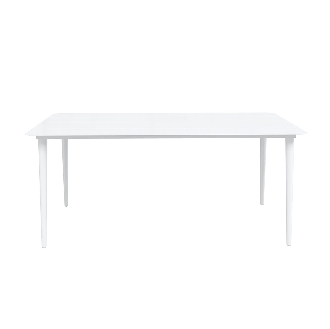 Navarre 6 Seater Aluminium Outdoor Dining Set features a minimalist white rectangular table with slender, tapered legs, complemented by sleek wicker-covered chairs, enhancing any outdoor living space with modern elegance.