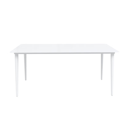 Navarre 6 Seater Aluminium Outdoor Dining Set features a minimalist white rectangular table with slender, tapered legs, complemented by sleek wicker-covered chairs, enhancing any outdoor living space with modern elegance.