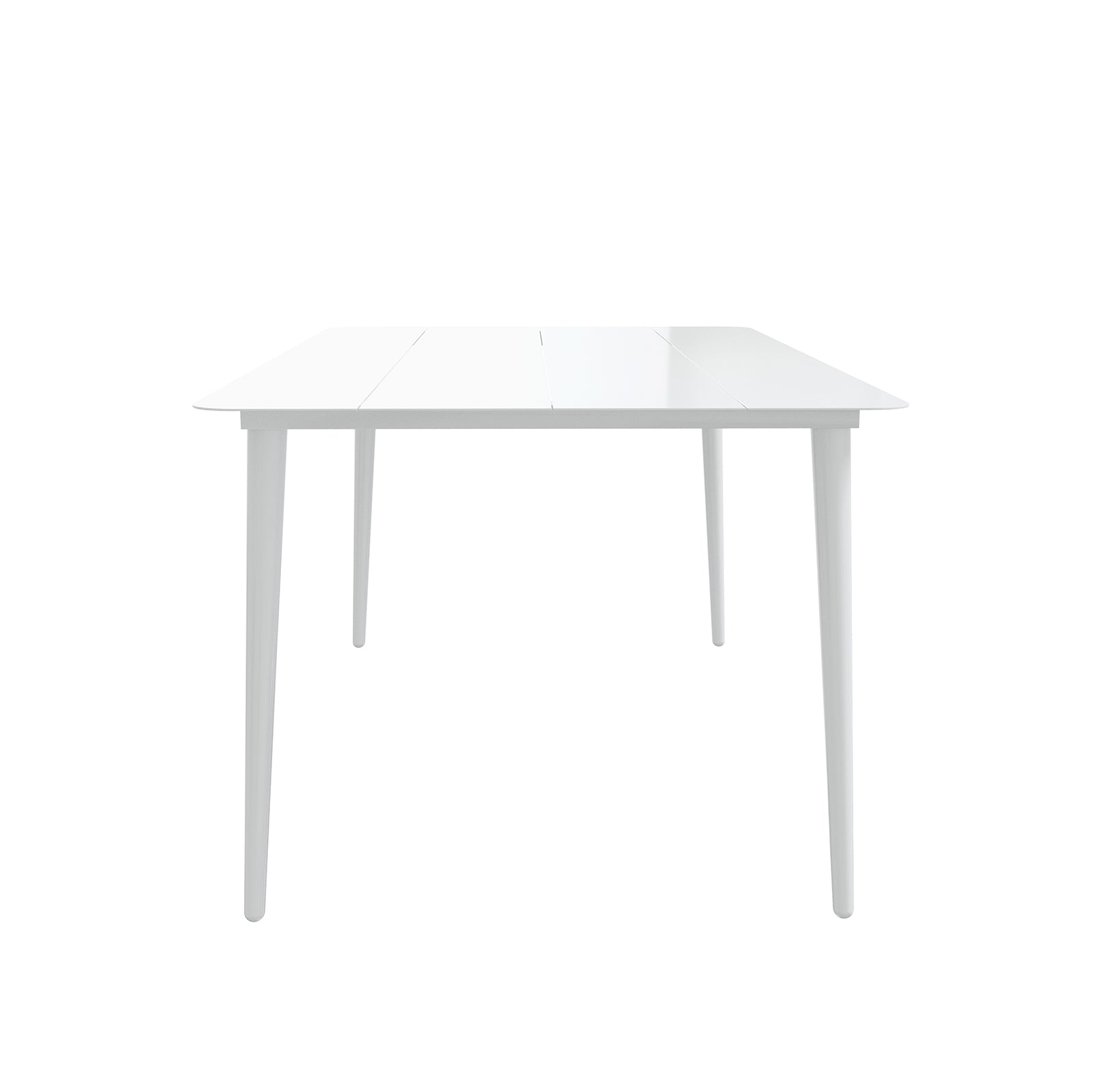 Navarre 6 Seater Aluminium Outdoor Dining Set featuring a sleek, minimalistic white table with a flat, rectangular top and four tapered legs, perfect for modern outdoor settings.