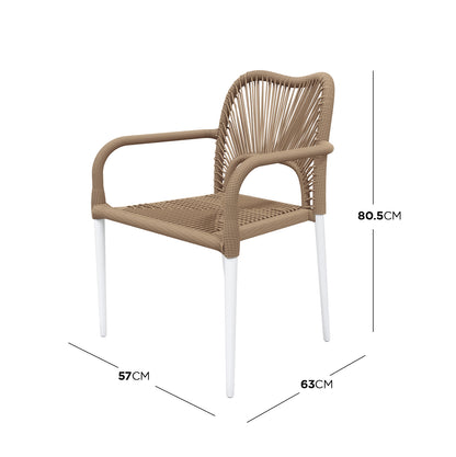 Navarre 6 Seater Aluminium Outdoor Dining Set in Natural featuring a rope-woven armchair with brown synthetic rope, tubular metal frame, and white metal legs. Dimensions: 80.5 cm height, 57 cm depth, 63 cm width.