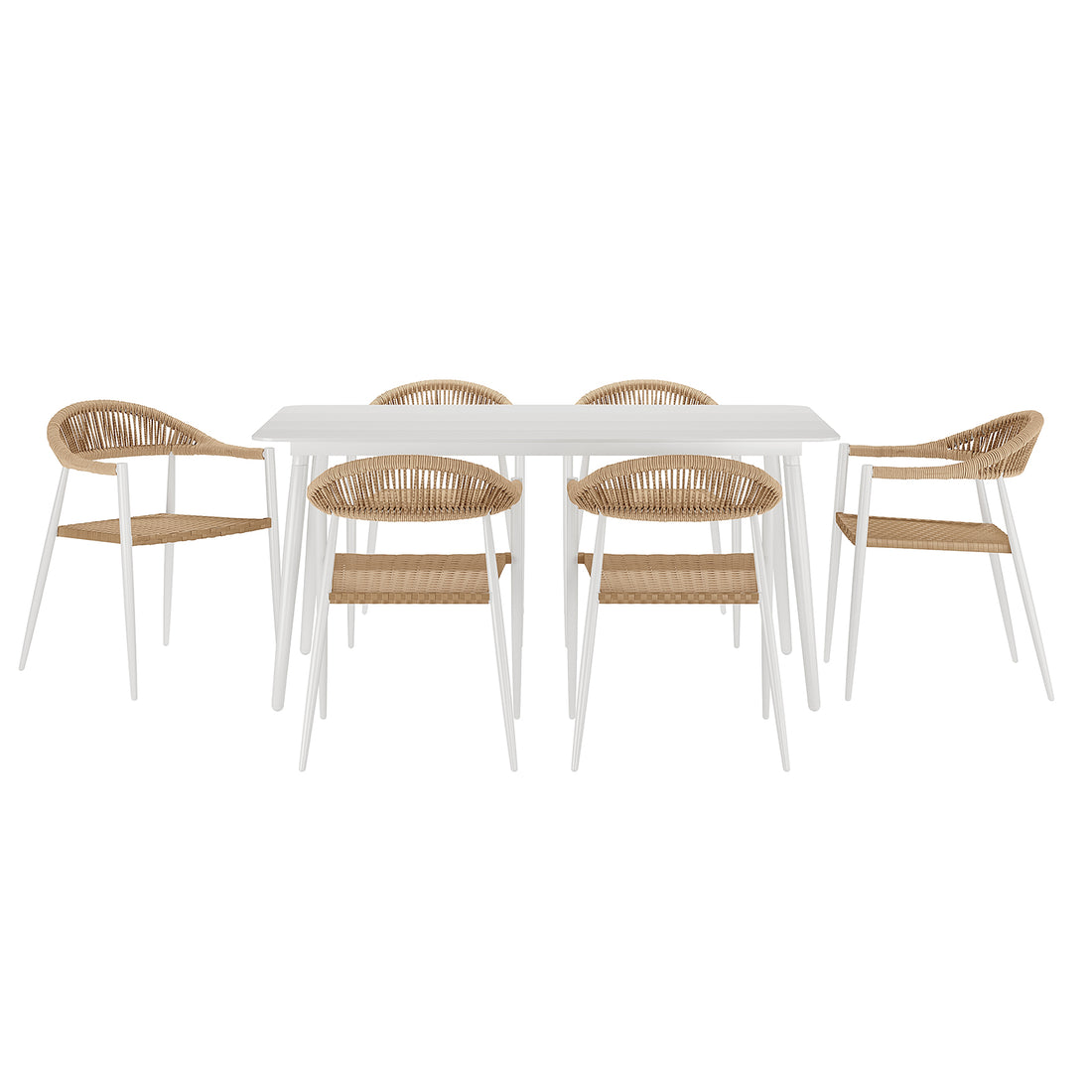 Close-up of a chair from the Nemma 6-Seater Aluminium Outdoor Dining Set, featuring a sleek design with white legs, ideal for enhancing outdoor spaces like patios or poolside areas.