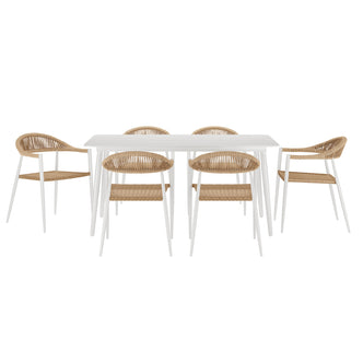 Close-up of a chair from the Nemma 6-Seater Aluminium Outdoor Dining Set, featuring a sleek design with white legs, ideal for enhancing outdoor spaces like patios or poolside areas.