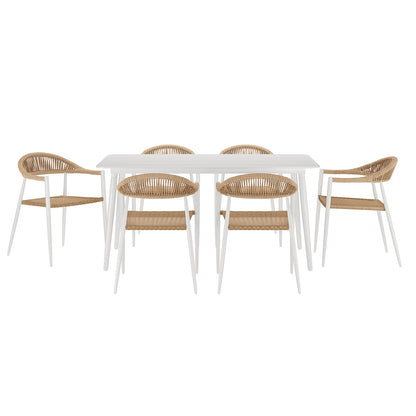 Close-up of a chair from the Nemma 6-Seater Aluminium Outdoor Dining Set, featuring a sleek design with white legs, ideal for enhancing outdoor spaces like patios or poolside areas.