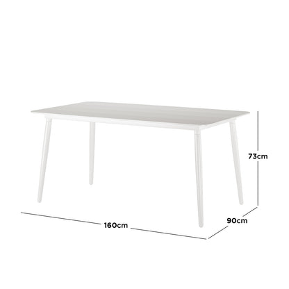 Nemma 6-Seater Aluminium Outdoor Dining Set features a sleek white table with sturdy legs, designed for outdoor use, comfortably seating six, ideal for patios or gardens.