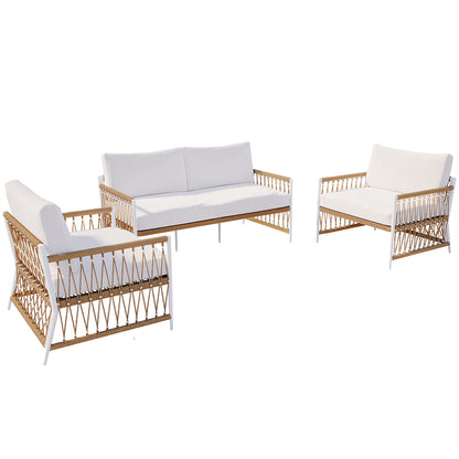 Nuevo 4 Seater Light Beige Outdoor Wicker Lounge Set, showcasing its natural wicker texture, plush cushions, and sturdy white aluminium frame, ideal for stylish and durable outdoor seating.