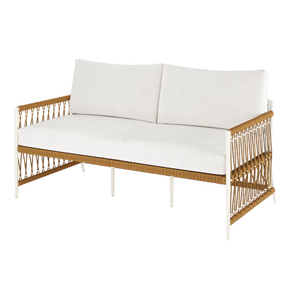 Nuevo 4 Seater Wicker Outdoor Lounge Set in Light Beige featuring a white metal frame, natural-tan woven rope sides, and simple white cushions, ideal for airy outdoor or sunroom settings.