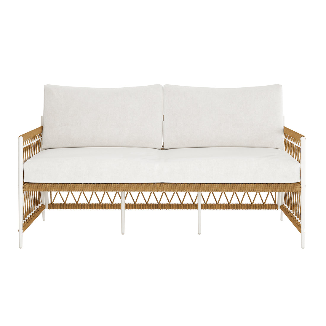 Nuevo 4 Seater Wicker Outdoor Lounge Set in Light Beige, showcasing a white metal frame and tan rope weave, fitted with off-white cushions, ideal for stylish outdoor and sun-room lounging.