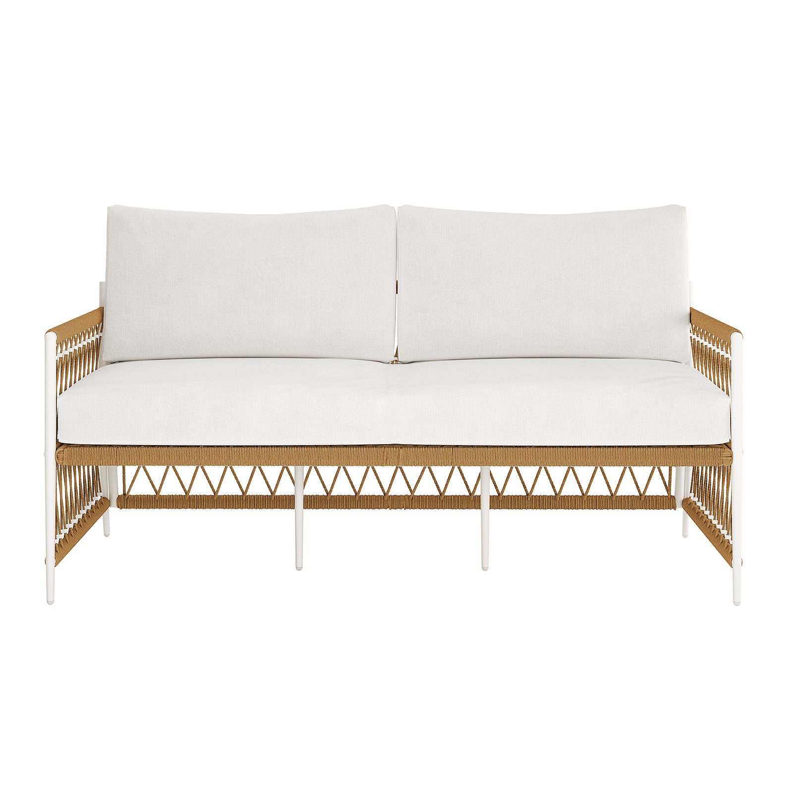 Nuevo 4 Seater Wicker Outdoor Lounge Set in Light Beige, showcasing a white metal frame and tan rope weave, fitted with off-white cushions, ideal for stylish outdoor and sun-room lounging.