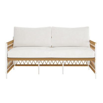 Nuevo 4 Seater Wicker Outdoor Lounge Set in Light Beige, showcasing a white metal frame and tan rope weave, fitted with off-white cushions, ideal for stylish outdoor and sun-room lounging.