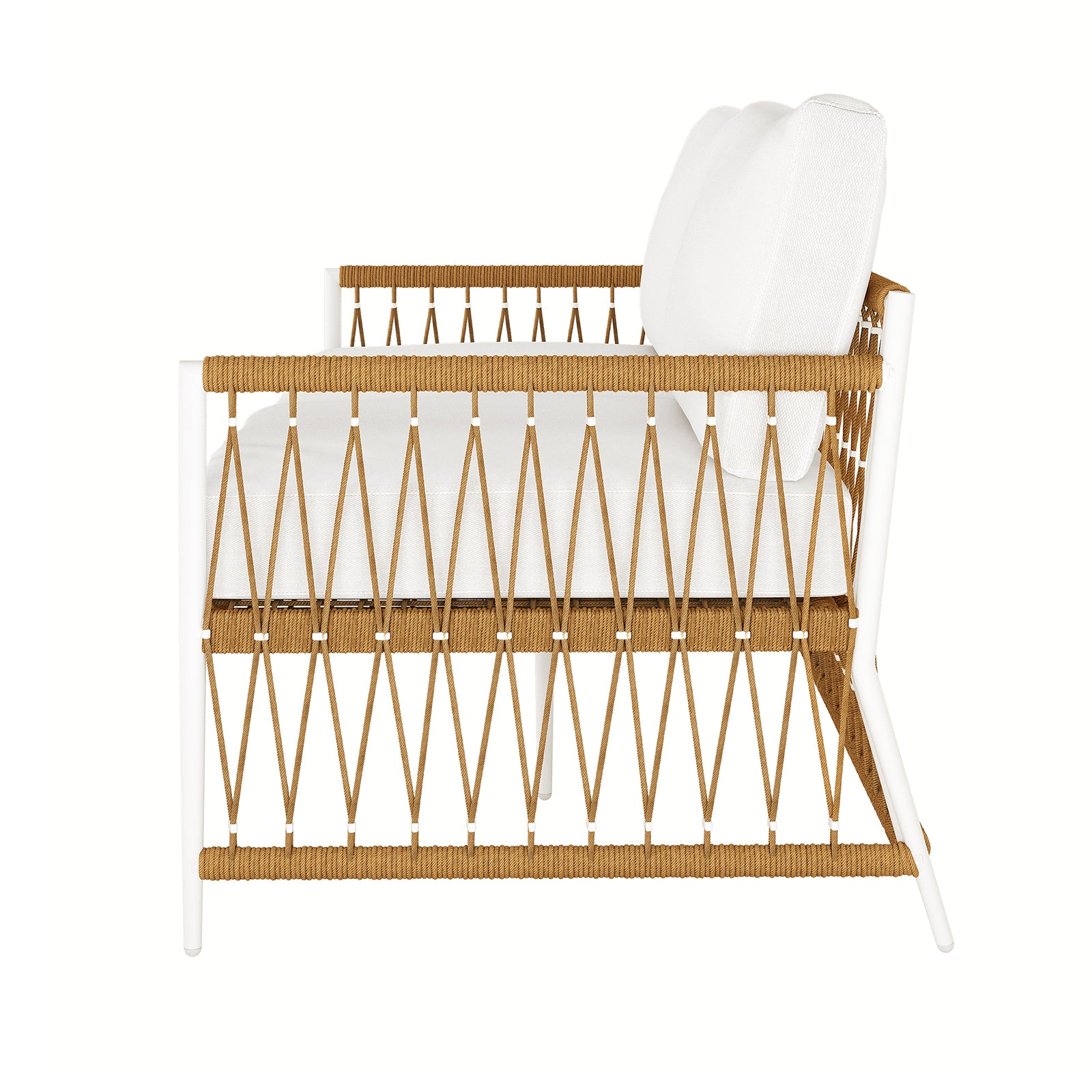 Nuevo 4 Seater Wicker Outdoor Lounge Set features a single-seat armchair with a white metal frame and tan rope detailing, complemented by white seat and back cushions for stylish outdoor relaxation.