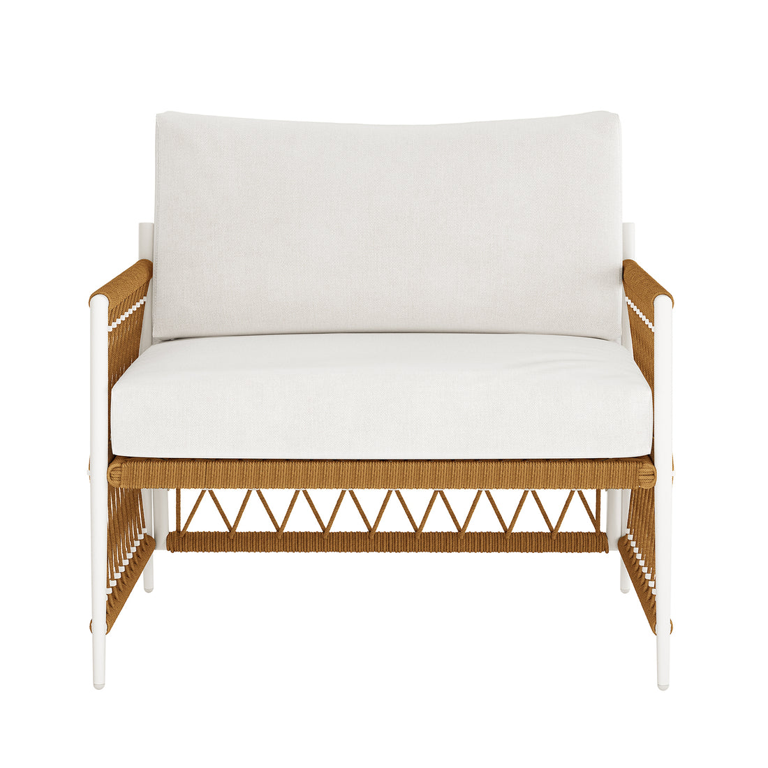 Nuevo 4 Seater Wicker Outdoor Lounge Set in Light Beige, featuring a white metal frame, ivory cushions, and tan woven rope detailing in a crisscross pattern on sides, front, and arms.