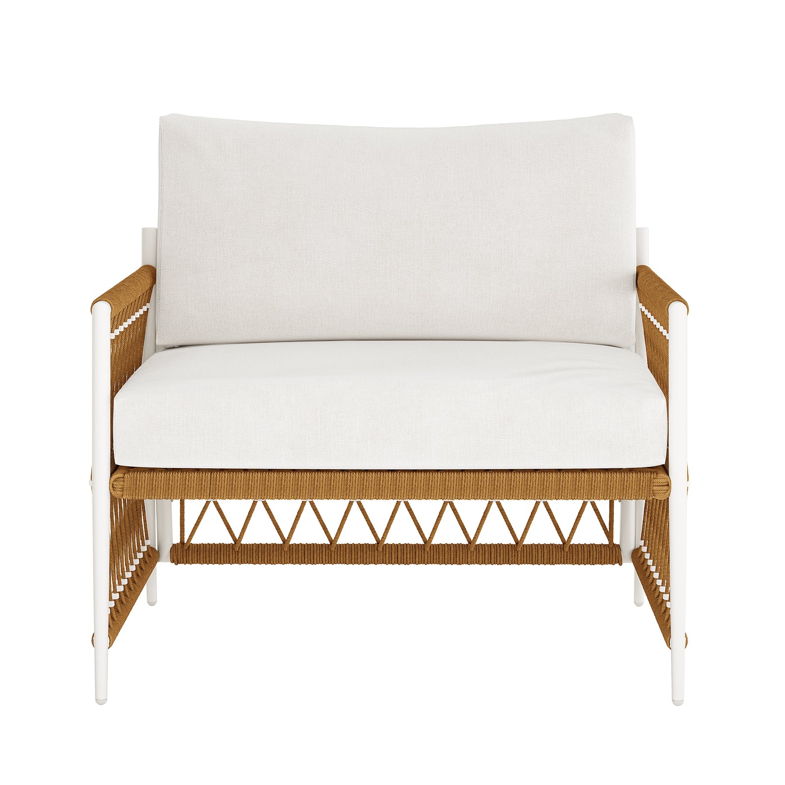 Nuevo 4 Seater Wicker Outdoor Lounge Set in Light Beige, featuring a white metal frame, ivory cushions, and tan woven rope detailing in a crisscross pattern on sides, front, and arms.