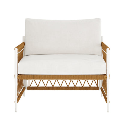 Nuevo 4 Seater Wicker Outdoor Lounge Set in Light Beige, featuring a white metal frame, ivory cushions, and tan woven rope detailing in a crisscross pattern on sides, front, and arms.