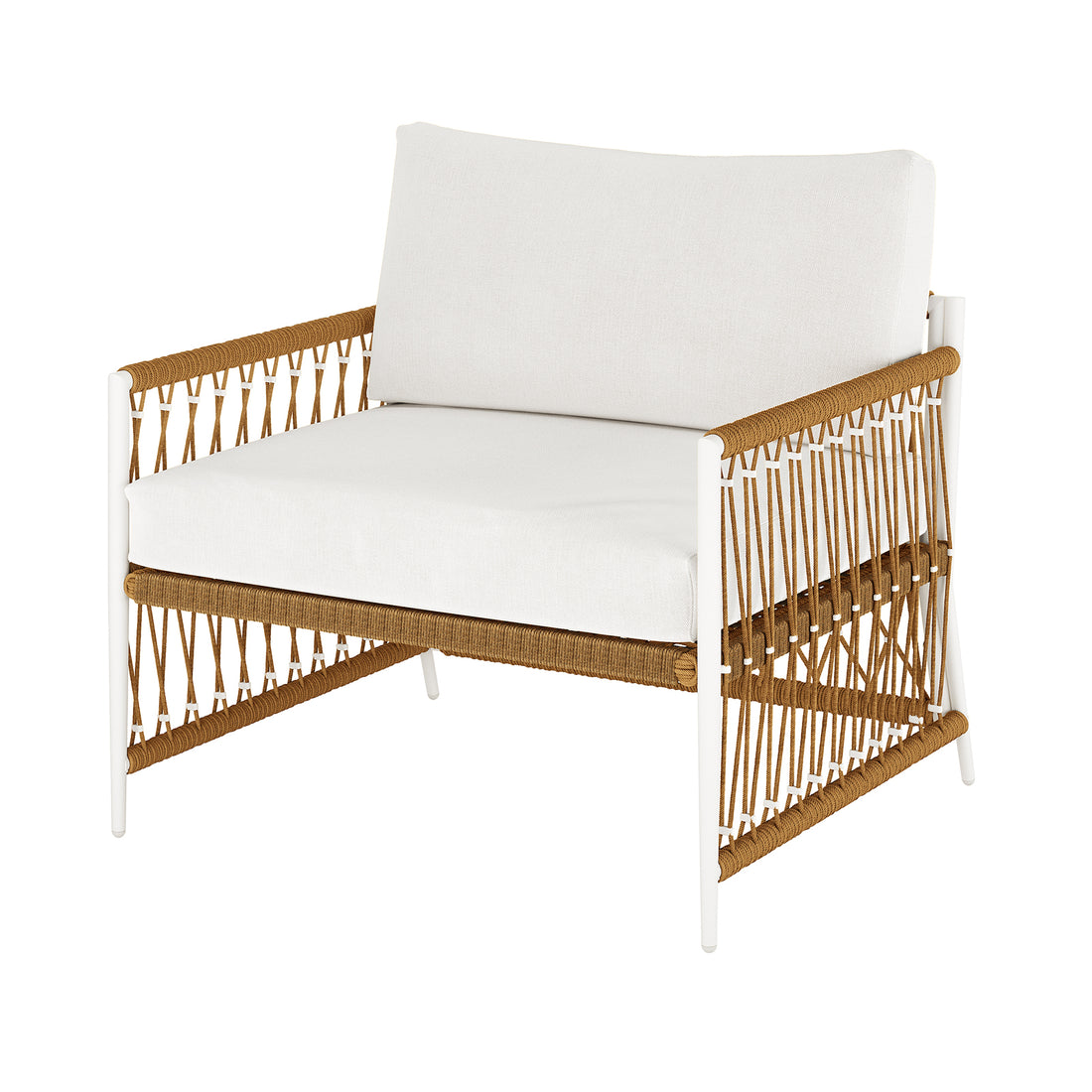 Nuevo 4 Seater Wicker Outdoor Lounge Set in Light Beige features a modern design with a white metal frame, woven rope details, and thick white cushions, perfect for stylish indoor or covered-outdoor seating.