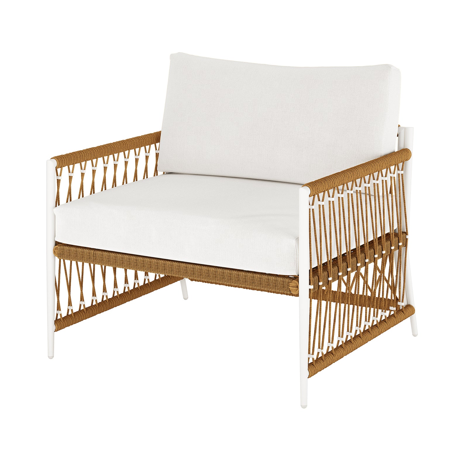 Nuevo 4 Seater Wicker Outdoor Lounge Set in Light Beige features a modern design with a white metal frame, woven rope details, and thick white cushions, perfect for stylish indoor or covered-outdoor seating.
