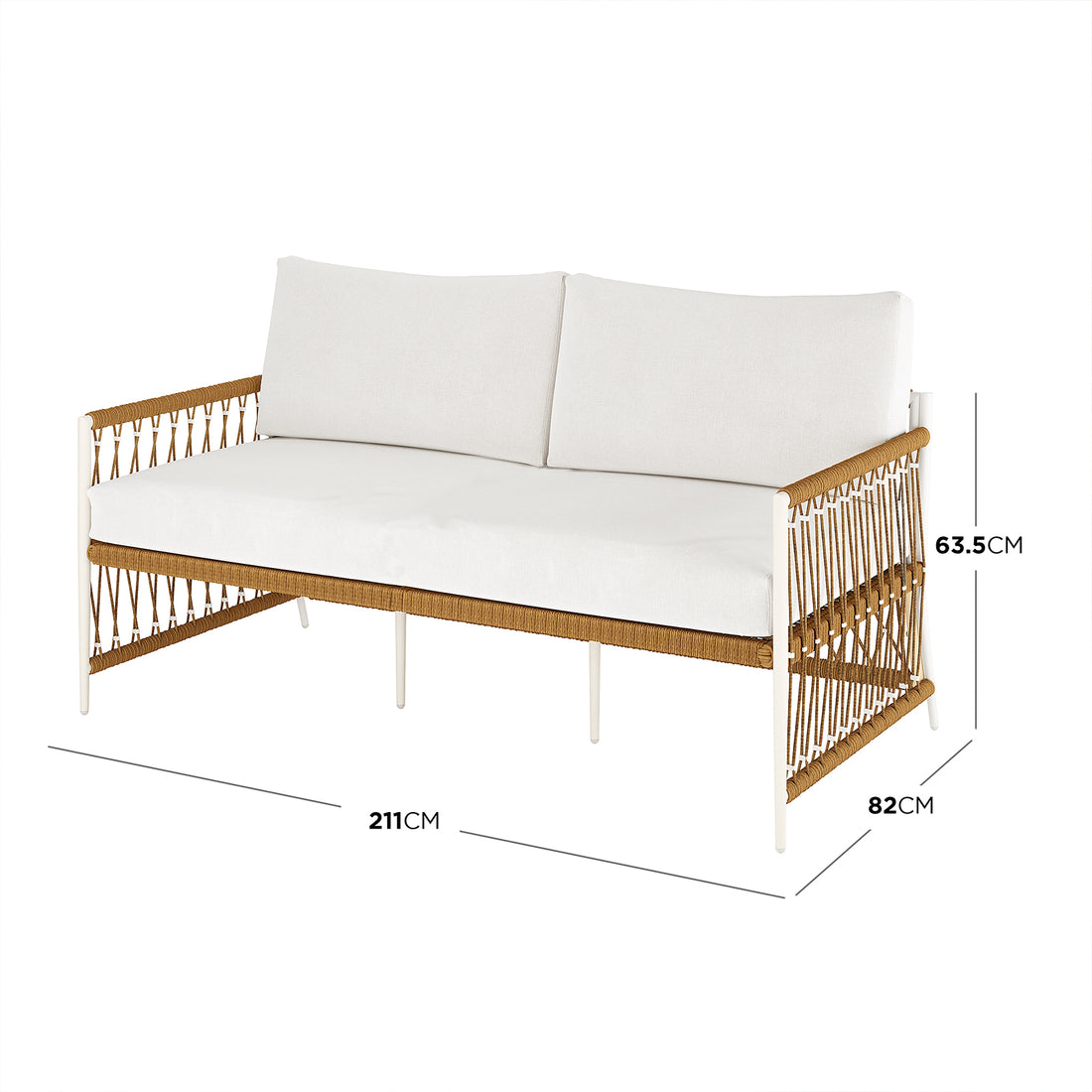 Nuevo 4 Seater Wicker Outdoor Lounge Set in Light Beige featuring a slim white metal frame, woven brown cord sides, and plush white cushions, measuring 211 cm wide, 82 cm deep, and 63.5 cm tall.