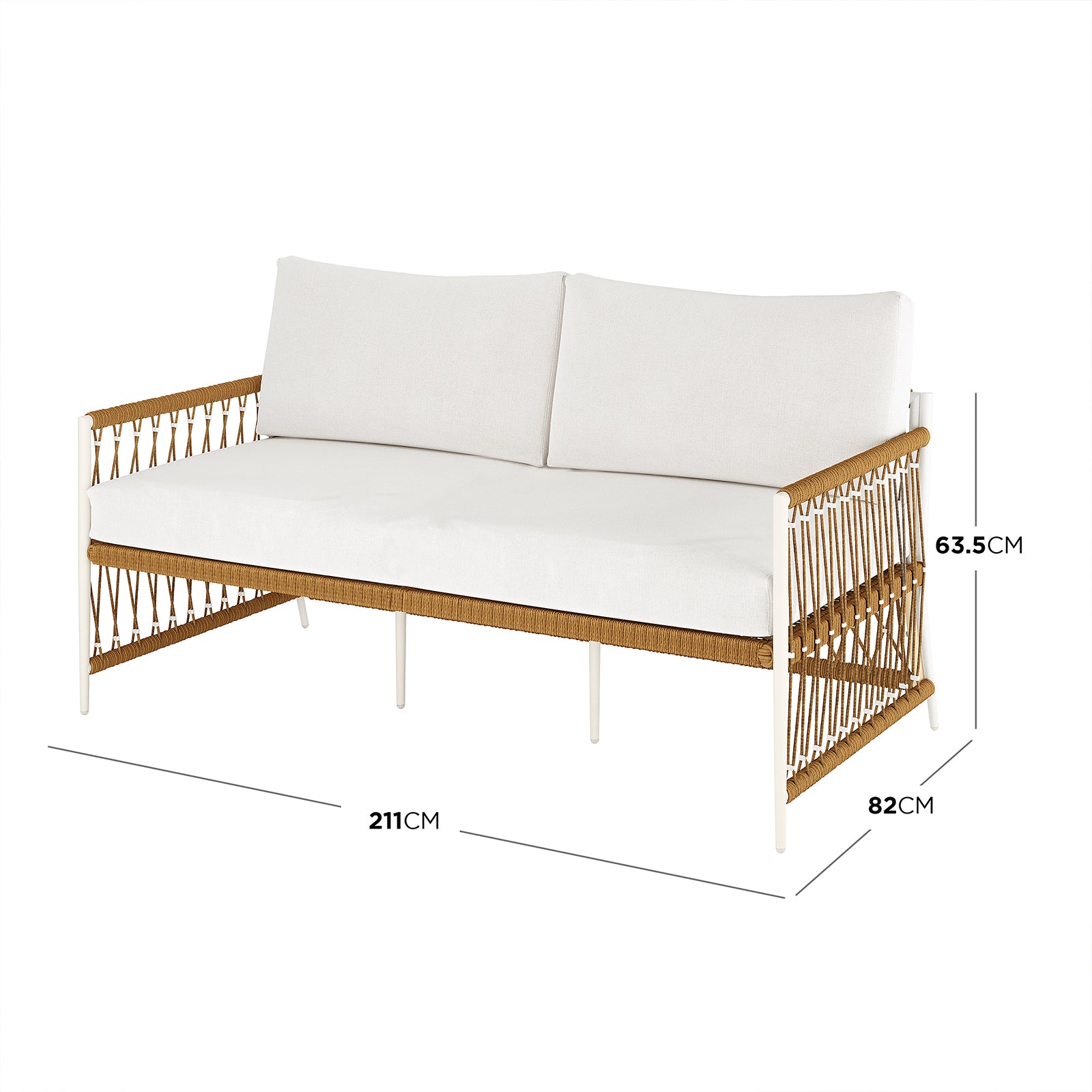 Nuevo 4 Seater Wicker Outdoor Lounge Set in Light Beige featuring a slim white metal frame, woven brown cord sides, and plush white cushions, measuring 211 cm wide, 82 cm deep, and 63.5 cm tall.