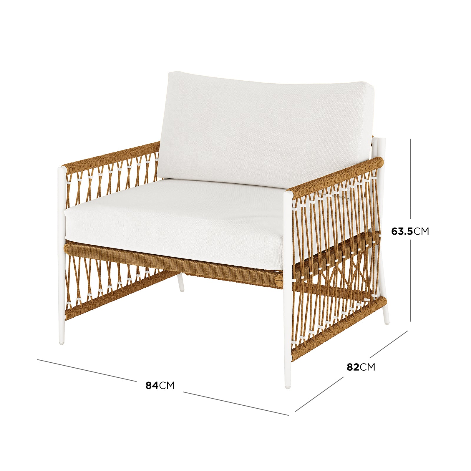Nuevo 4 Seater Wicker Outdoor Lounge Set in Light Beige, featuring a single-seat lounge with a white metal frame, brown woven-rope sides, and white cushions, measuring 84cm wide, 82cm deep, 63.5cm high.