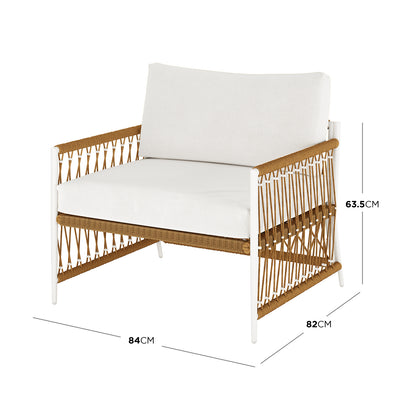 Nuevo 4 Seater Wicker Outdoor Lounge Set in Light Beige, featuring a single-seat lounge with a white metal frame, brown woven-rope sides, and white cushions, measuring 84cm wide, 82cm deep, 63.5cm high.