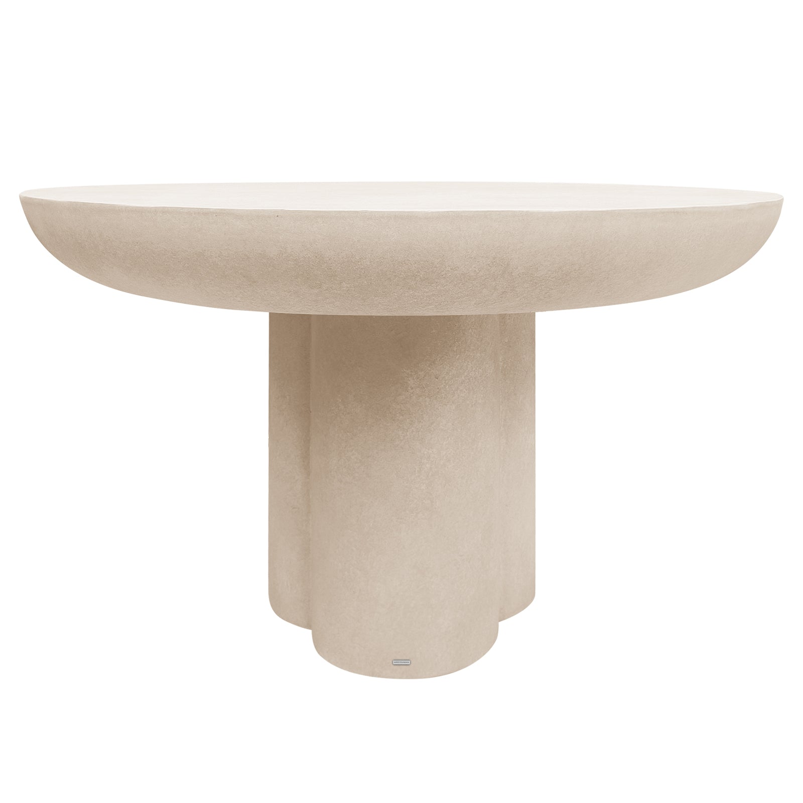Oberon 120cm Round Outdoor Concrete Dining Table features a modern design with a ribbed pedestal base and wide circular tabletop, ideal for minimalist outdoor settings.
