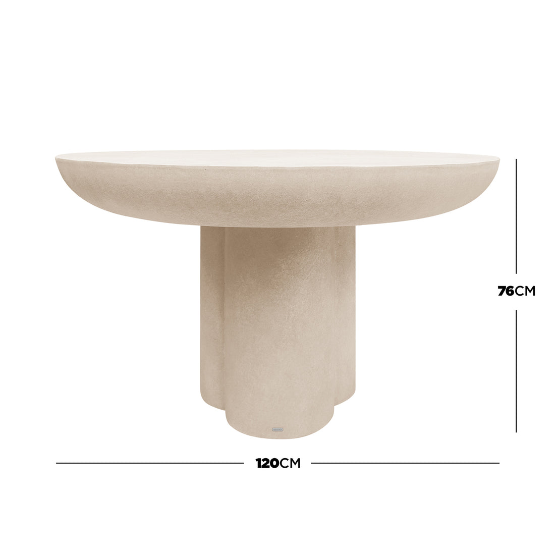 Oberon 120cm Round Outdoor Concrete Dining Table Ivory features a modern design with a thick round top and a sculptural multi-cylinder pedestal base, ideal for contemporary outdoor settings.