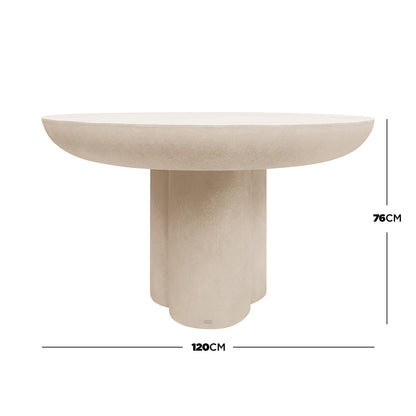 Oberon 120cm Round Outdoor Concrete Dining Table Ivory features a modern design with a thick round top and a sculptural multi-cylinder pedestal base, ideal for contemporary outdoor settings.