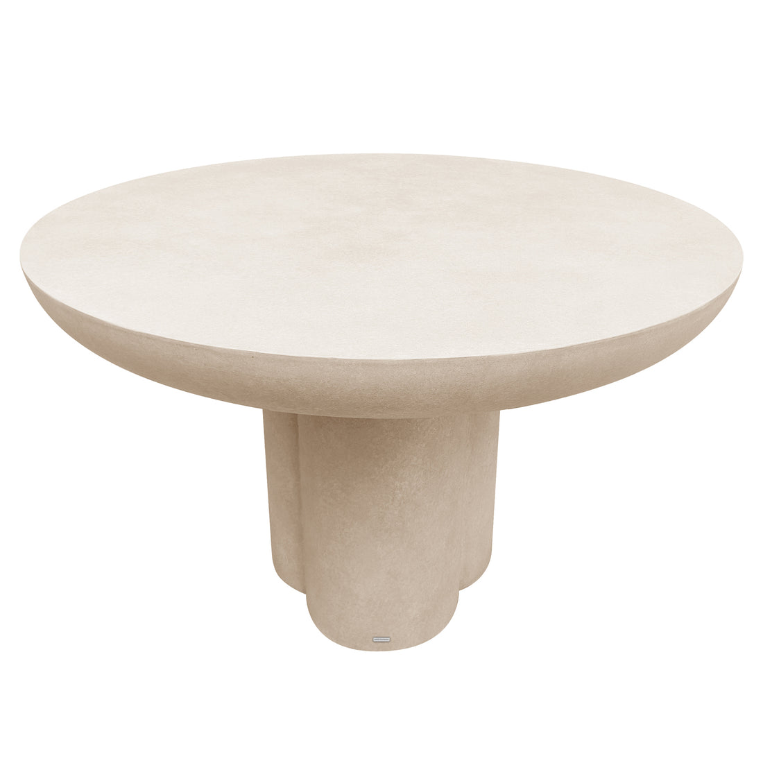 Oberon 120cm Round Outdoor Concrete Dining Table Ivory, featuring a minimalist design with a smooth, stone-like texture. It has a perfectly round top and a flared solid base.
