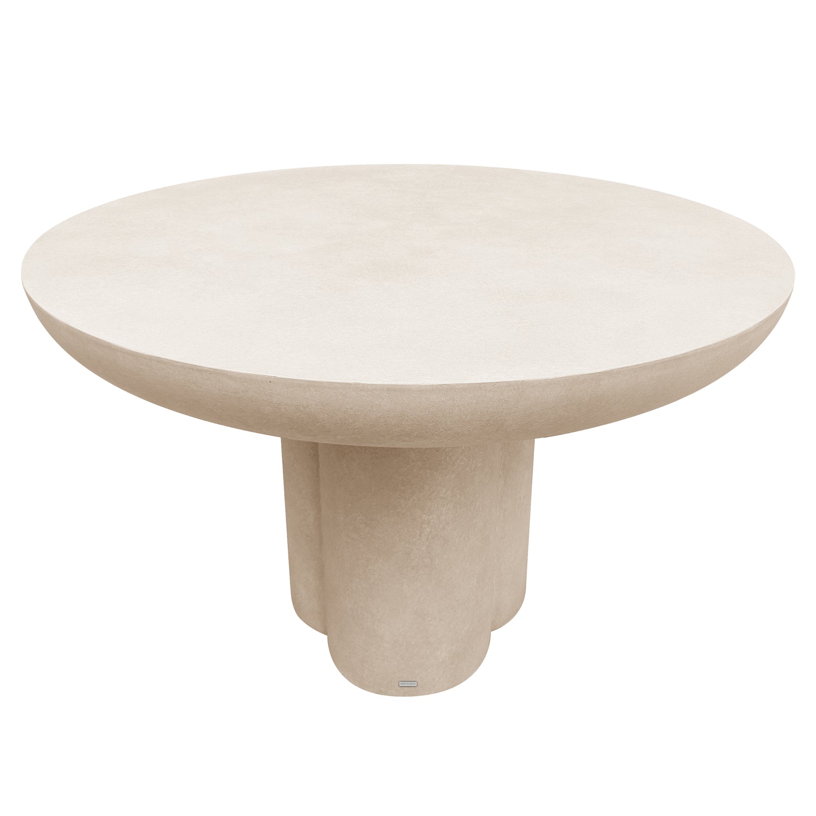 Oberon 120cm Round Outdoor Concrete Dining Table Ivory, featuring a minimalist design with a smooth, stone-like texture. It has a perfectly round top and a flared solid base.