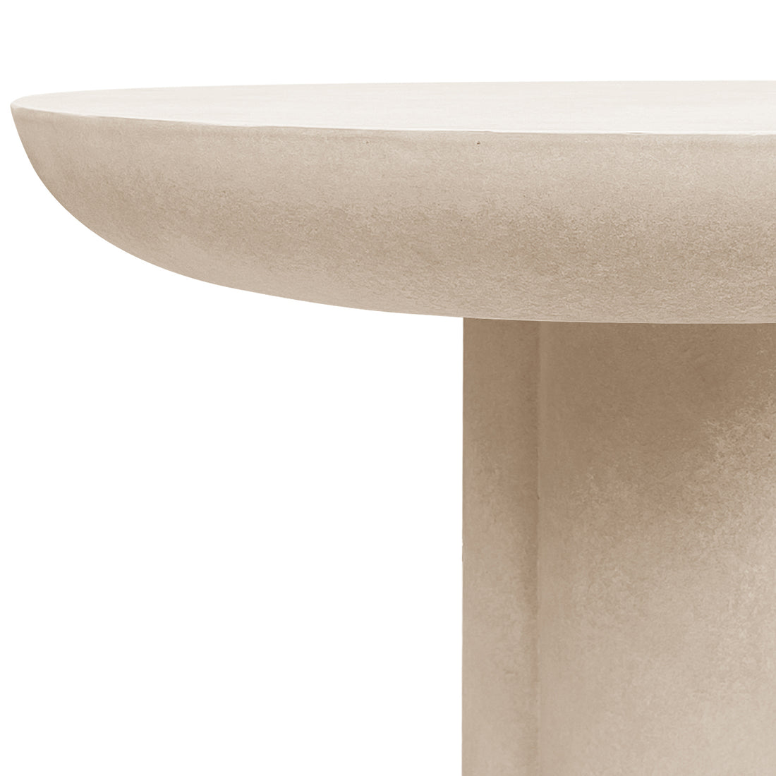 Close-up of the Oberon 120cm Round Outdoor Concrete Dining Table Ivory, highlighting its smooth, curved light-beige tabletop edge and central support column, showcasing its simple yet solid stone-like design.