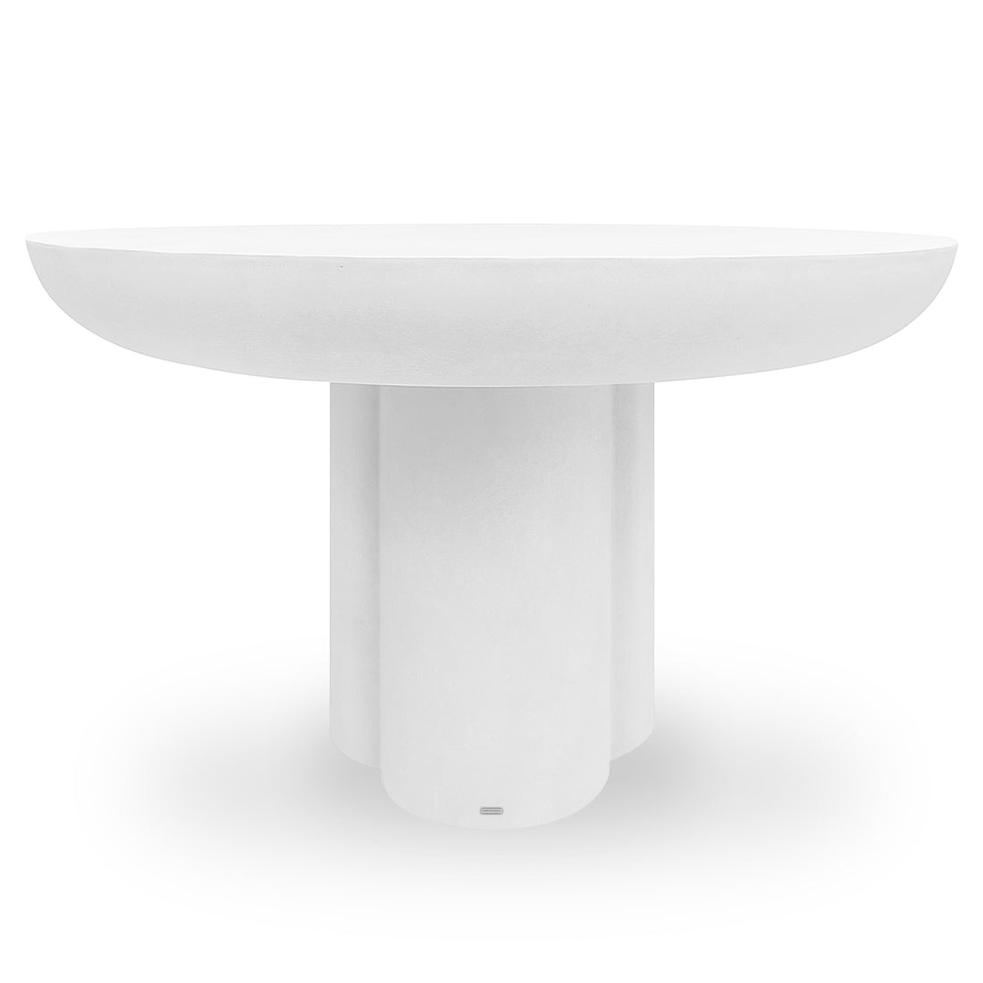 Oberon 120cm Round Outdoor Concrete Dining Table White features a thick, round tabletop and a clustered cylindrical base with several fused pillars, showcasing a minimalist design against a plain backdrop.