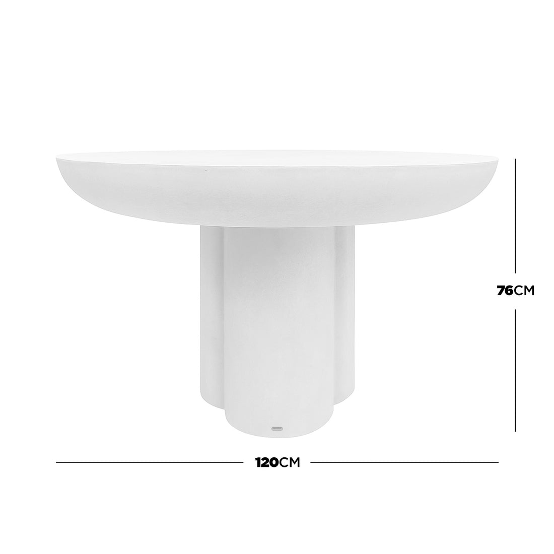 Oberon 120cm Round Outdoor Concrete Dining Table White features a shallow dish-shaped tabletop and a base of clustered vertical cylindrical segments, with dimensions of 120cm diameter and 76cm height.