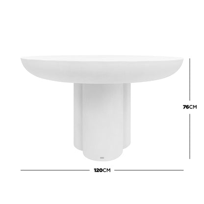 Oberon 120cm Round Outdoor Concrete Dining Table White features a shallow dish-shaped tabletop and a base of clustered vertical cylindrical segments, with dimensions of 120cm diameter and 76cm height.
