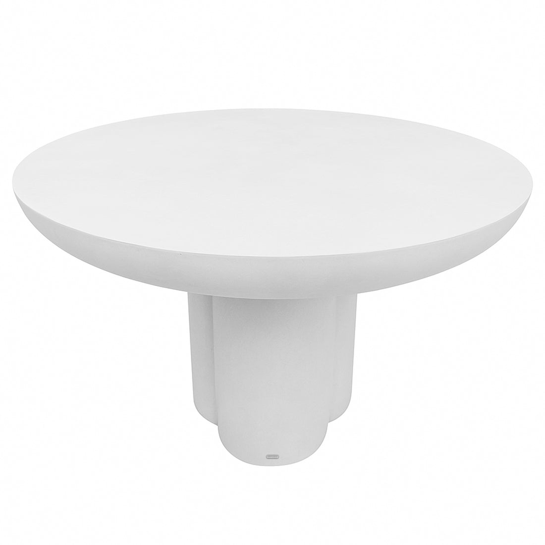 Oberon 120cm Round Outdoor Concrete Dining Table White features a minimalist all-white design with a smooth circular tabletop and a sculptural pedestal base that flares slightly at the bottom.