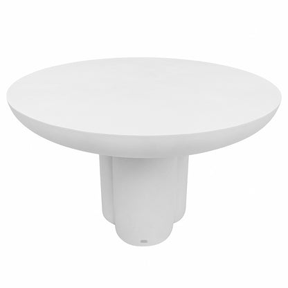 Oberon 120cm Round Outdoor Concrete Dining Table White features a minimalist all-white design with a smooth circular tabletop and a sculptural pedestal base that flares slightly at the bottom.
