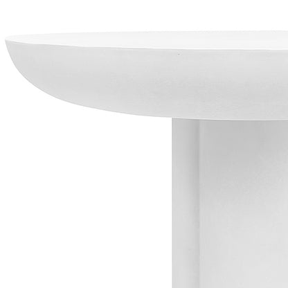 Close-up of the Oberon 120cm Round Outdoor Concrete Dining Table White, showcasing its smooth, modern white tabletop and the top of its cylindrical pedestal base, emphasizing its sleek, minimalist design.