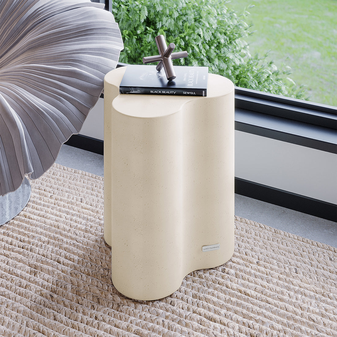 Odalys Antique White Concrete Side Table styled in a modern living room, ideal for indoor outdoor use - Lifestyle