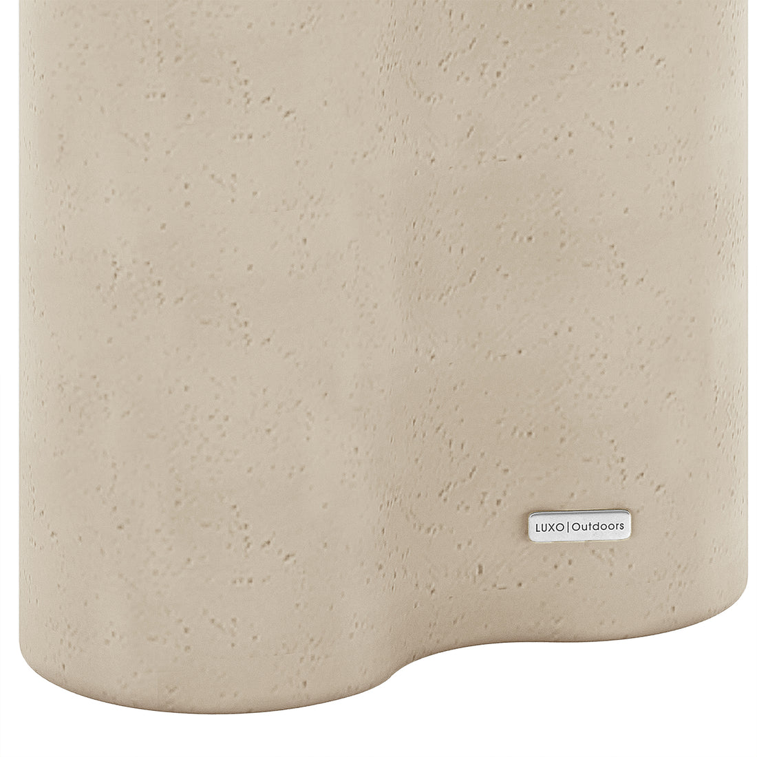 Detail shot of the Odalys Antique White concrete side table surface, featuring the LUXO Outdoors tag