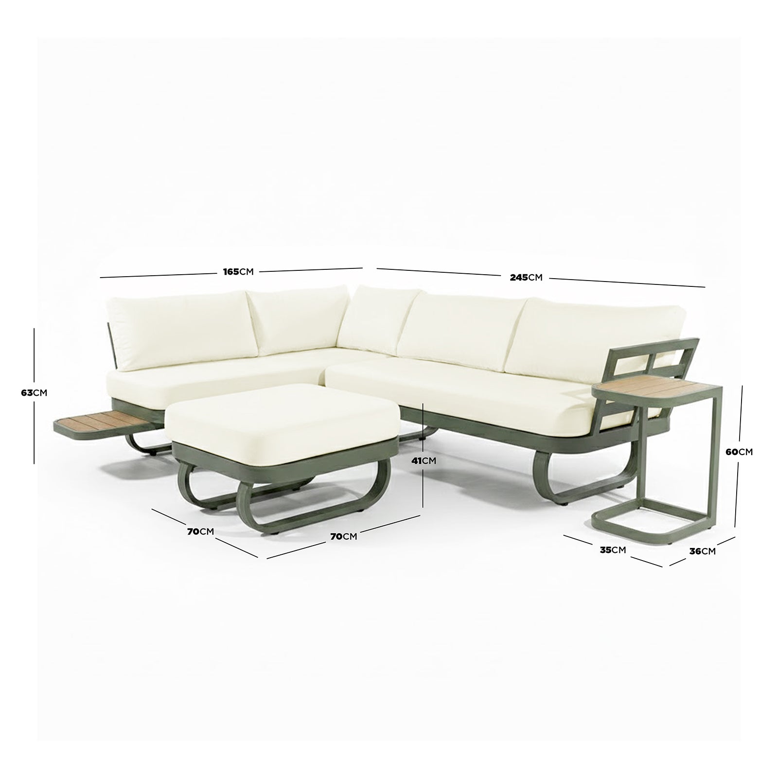 Paloma Modular Outdoor Lounge Set features an L-shaped sofa with off-white cushions, matching ottoman, and a C-shaped side table, all with dark metal frames and light wood-tone accents.