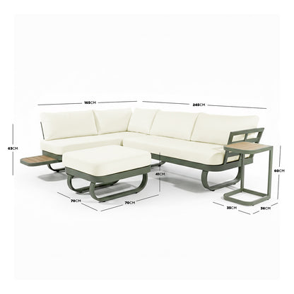 Paloma Modular Outdoor Lounge Set features an L-shaped sofa with off-white cushions, matching ottoman, and a C-shaped side table, all with dark metal frames and light wood-tone accents.