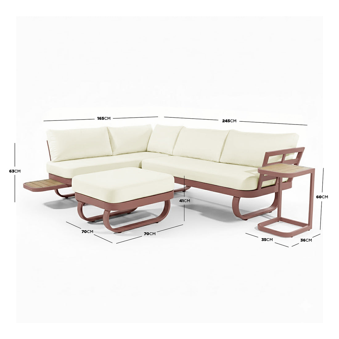 Paloma Modular Outdoor Lounge Set in Terracotta: Cream L-shaped sectional with matching ottoman and side table on rust-red frame, featuring built-in platforms, designed for outdoor comfort with weather-resistant materials.
