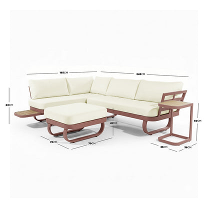 Paloma Modular Outdoor Lounge Set in Terracotta: Cream L-shaped sectional with matching ottoman and side table on rust-red frame, featuring built-in platforms, designed for outdoor comfort with weather-resistant materials.